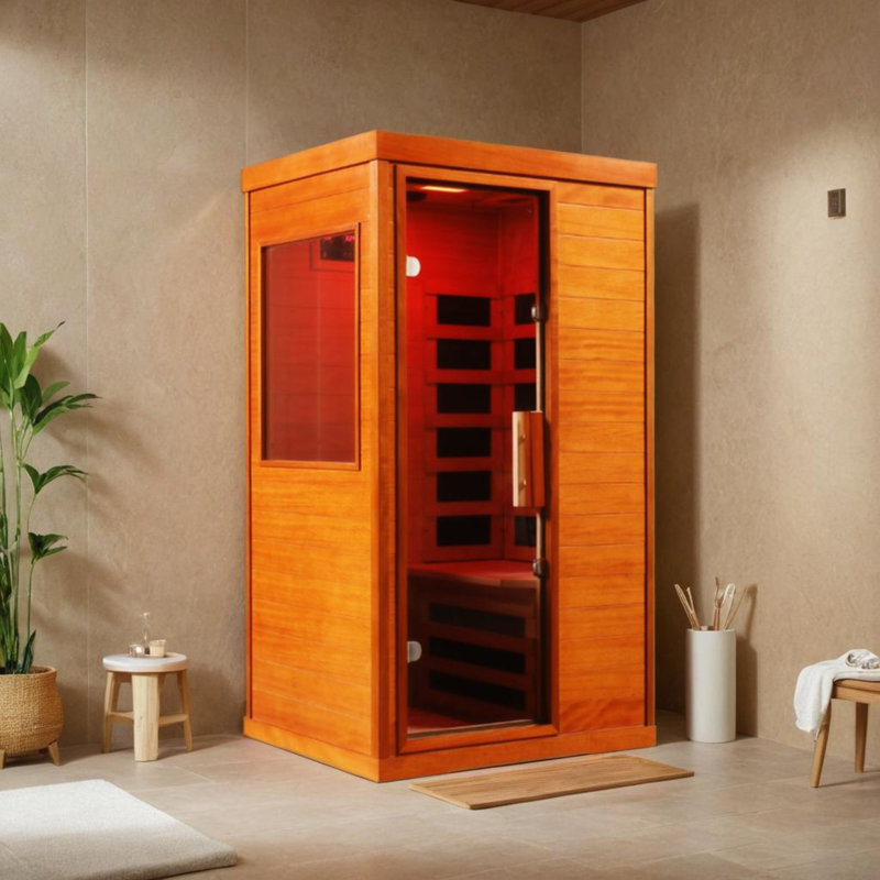 Sauna d'intérieur KISRAIS amélioré à infrarouge lointain simple avec lumière de lecture, lumière de chromothérapie, haut-parleurs Bluetooth, fabriqué à partir d'Okoume, porte latérale gauche