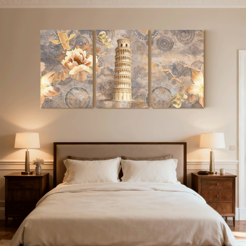 Ensemble de 3 impressions sur toile à motif floral tendance avec tour et horloges, H 18 po x l 36 po
