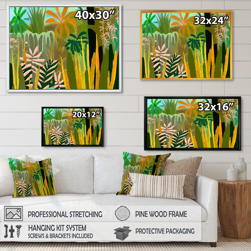 «Blossoming and Vibrant Jungle Flora III», reproduction sur toile, H 16 po x l 32 po x P 1 po, Toile avec cadre flottant or
