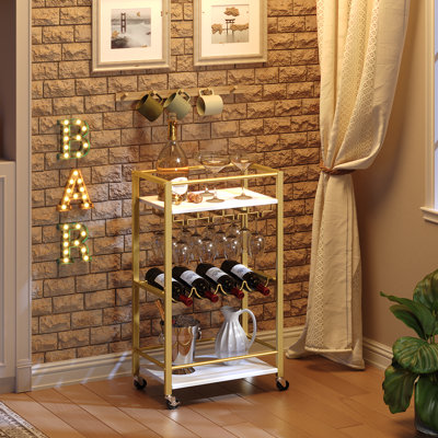 3 Tier Bar Cart For Home Mini Rolling Wine Cart Kitchen Storage Cart With Wine Rack And Glass Holders