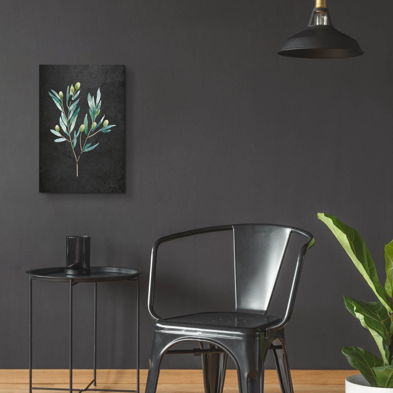 Art mural en verre Winston Porter «Gentle Olive Branch On Black» par Mercedes Lopez, H 24 po x l 16 po x P 0,2 po