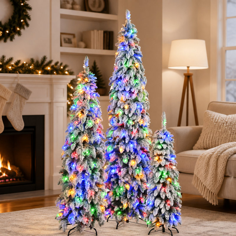8FT, 6FT, 4FT Pre-Lit Pencil Christmas Trees, 3-Set Slim Artificial Christmas Tree With Snow Flocking, Xmas Holiday Decoration Tree, 1455 Branch Tips, 520 LED Lights, 11 Lighting Modes