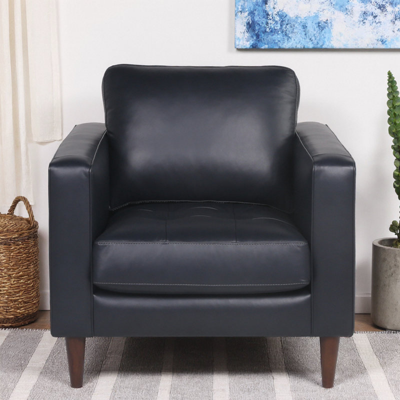 Chaise capitonnée classique en cuir Mid-Century bleu marine