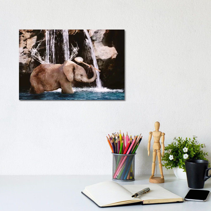 Baby Elephant Bath by Karen Burke - Wrapped Canvas Print, 20.32cm H x 30.48cm W x 1.905cm D
