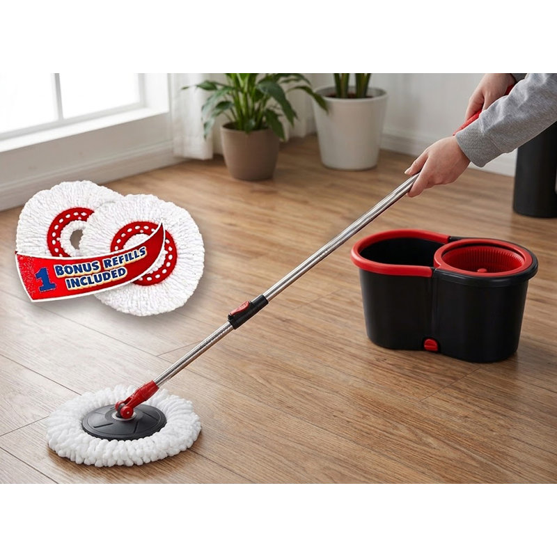 Spin Mop Bucket Set Spin Mop System With 1 Refill Heads, Microfiber Spinning Mop And Bucket With Wringer Set For Home, Floor Cleaning Of Hard-Wood, Laminate, Tile, All Surface Cleaner, 2 Total Mop Heads