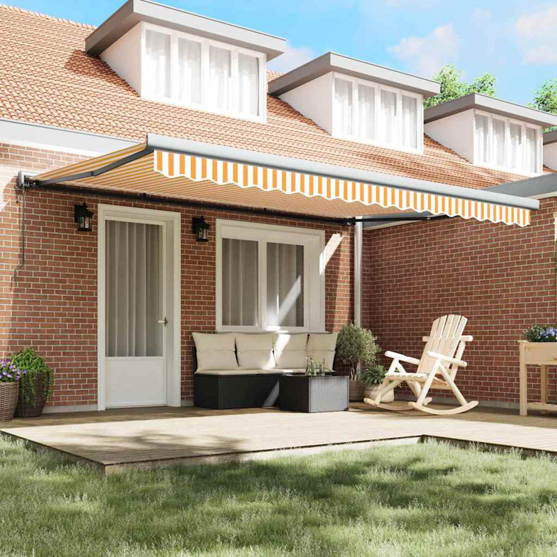 Ebern Designs Retractable Patio Awning, 450cm H x 300cm W, Orange;White/Grey Striped