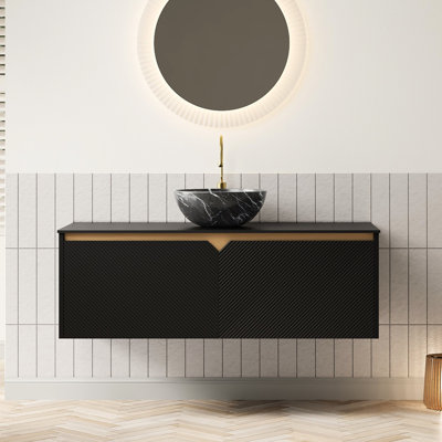 48" Bathroom Vanity: Wall - Mounted Floating, Black Ceramic Vessel Basin With Stone Pattern, Sintered Countertop, Twill Double Doors Metal Trim, Soft Closing Mechanism, Cabinet Doors, Plywood Body