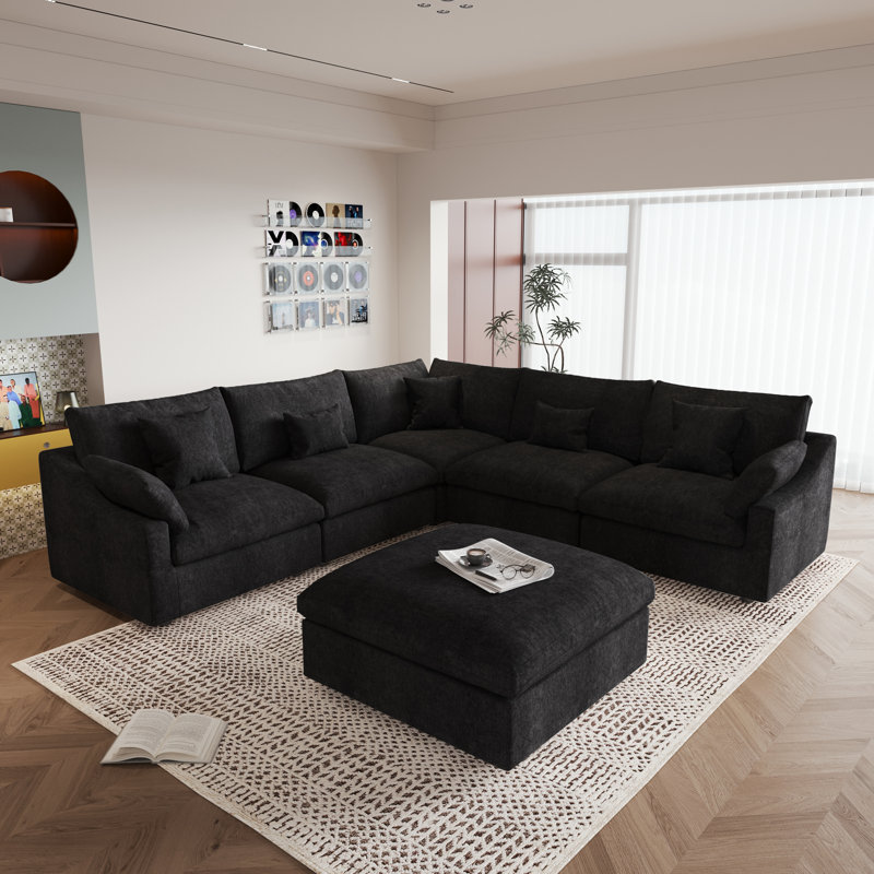 Canapé modulaire avec repose-pieds 6 pièces 6 pièces, Mélange de lin gris anthracite foncé
