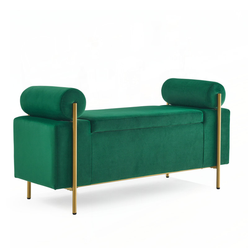 Upholstered Storage Bench, Green, Solid Wood