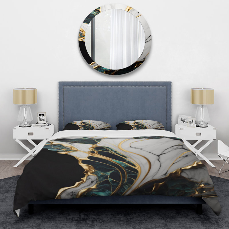 Ensemble de housse de couette en microfibre / polyester Abstract Geode Gold and Green Marble III