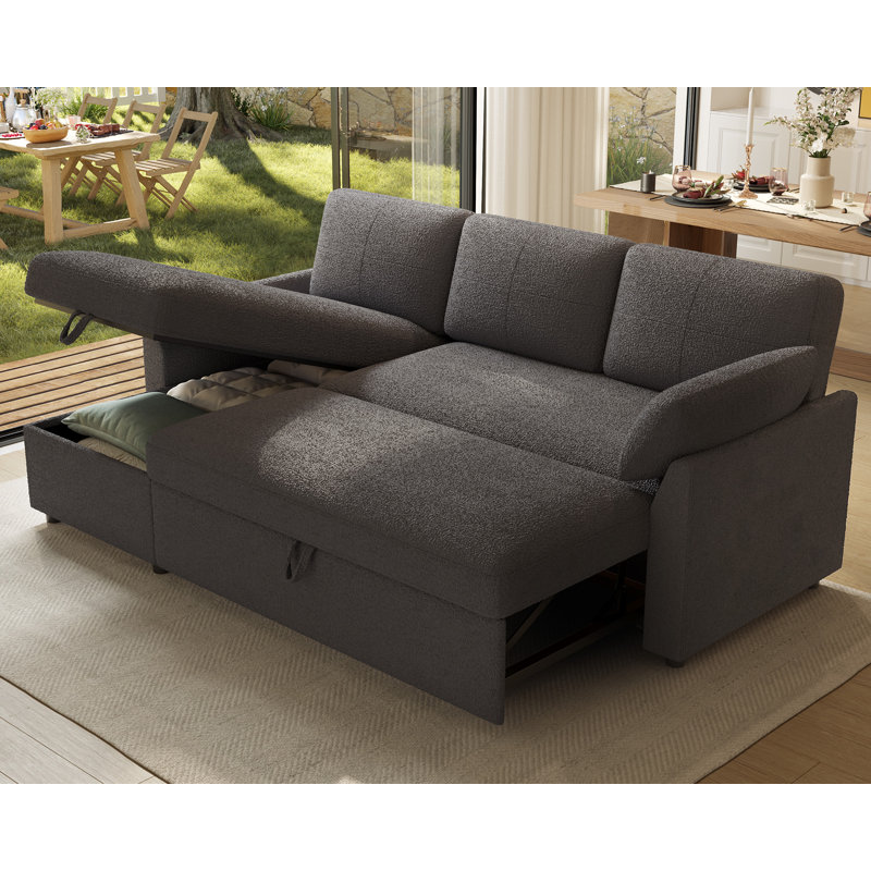  Canapé-lit modulaire avec lit escamotable et méridienne de rangement, revêtement capitonné, Boucle gris