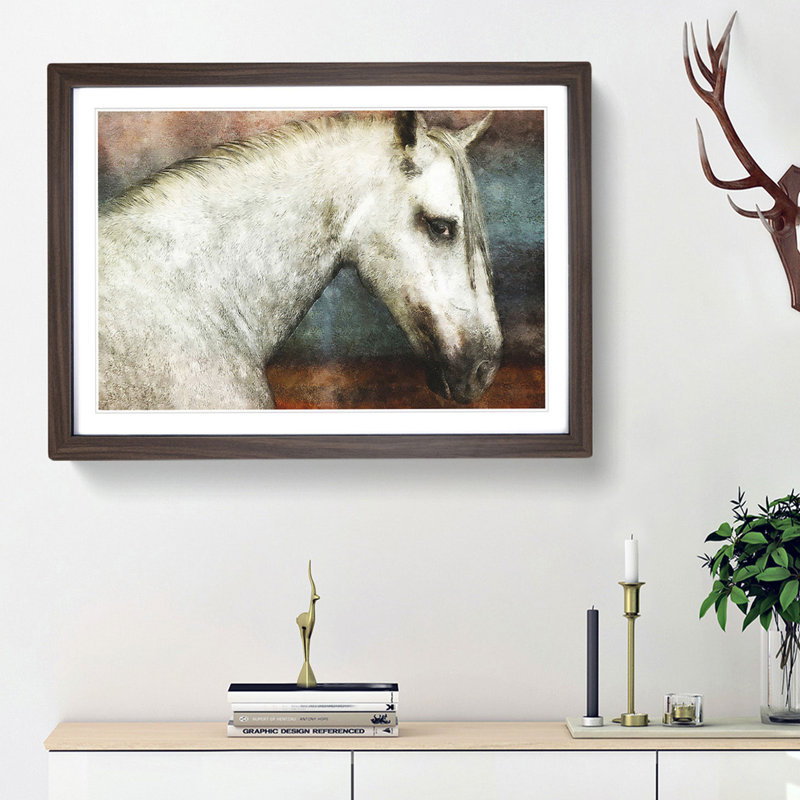 White Horse Portrait - Picture Frame Painting Print, Walnut Framed, 33cm H x 45cm W x 2cm D