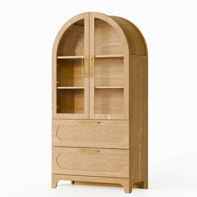 Modern Arched Storage Cabinet With Rattan Drawers And Glass Doors, 3-Tier Display Hutch With 2 Large Storage Drawers by Bay Isle Home