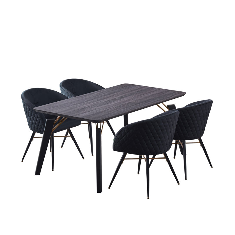 Goddard 4 Person Dining set - a Rectangular Wooden Dining Table with Metal Legs and a Set of 4 Quilted Velvet Dining Chairs for Dining Room - Modern Dining Table Set