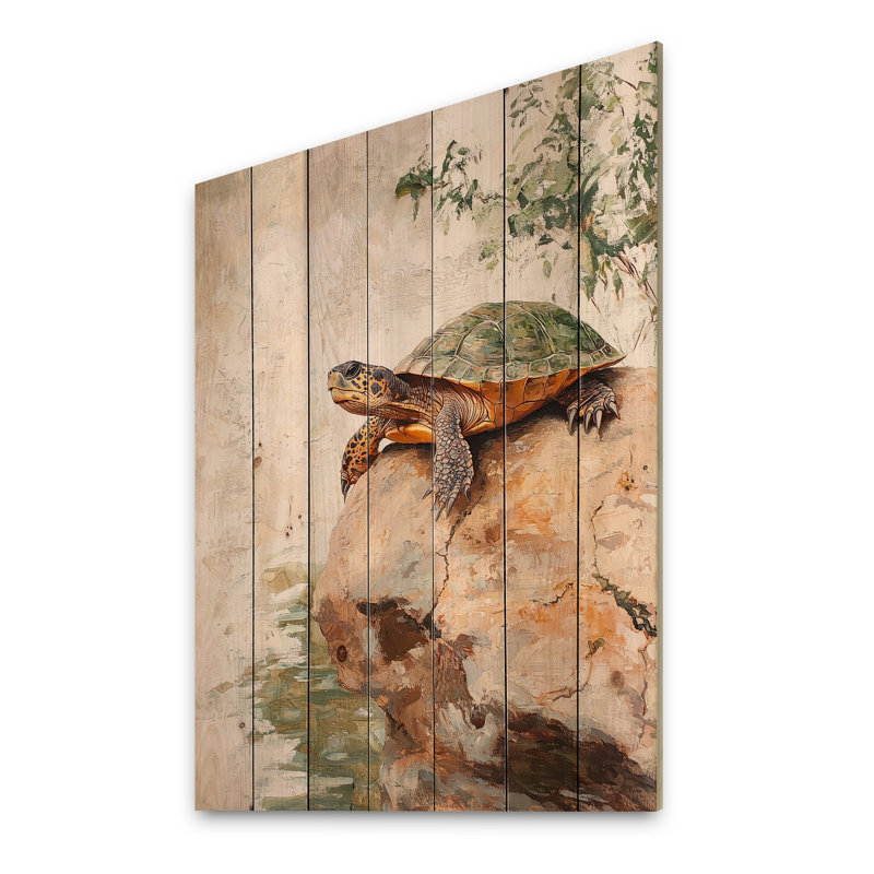 Minimal Turtle On A Rock I - Art mural moderne en bois sur bois de pin naturel, H 20 po x l 10 po