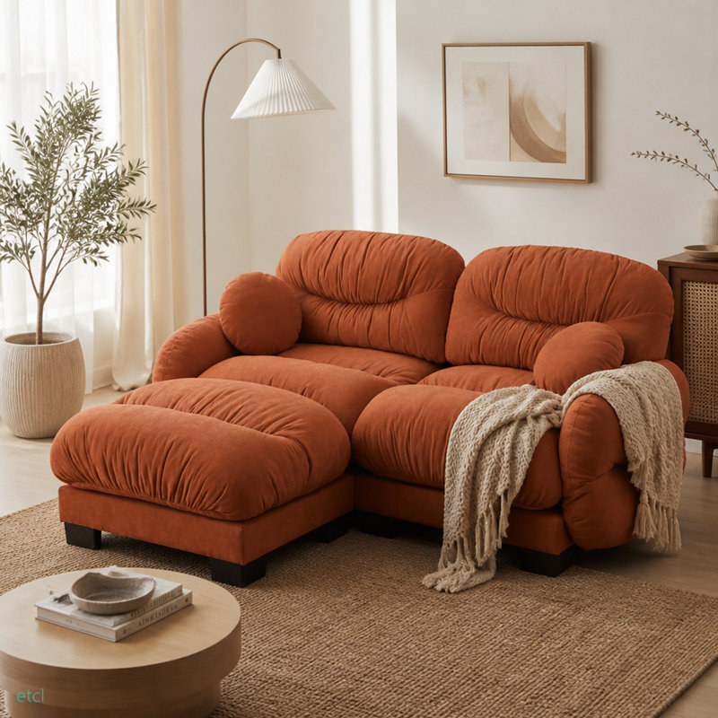 Canapé modulaire en L 2 places avec repose-pieds et 2 coussins décoratifs Chenille
