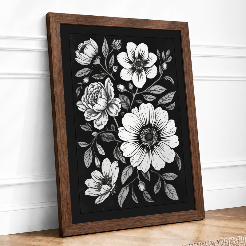 Blooms in Black Botanical - Framed Print, A3 - 42.0 x 29.7 cm, Walnut