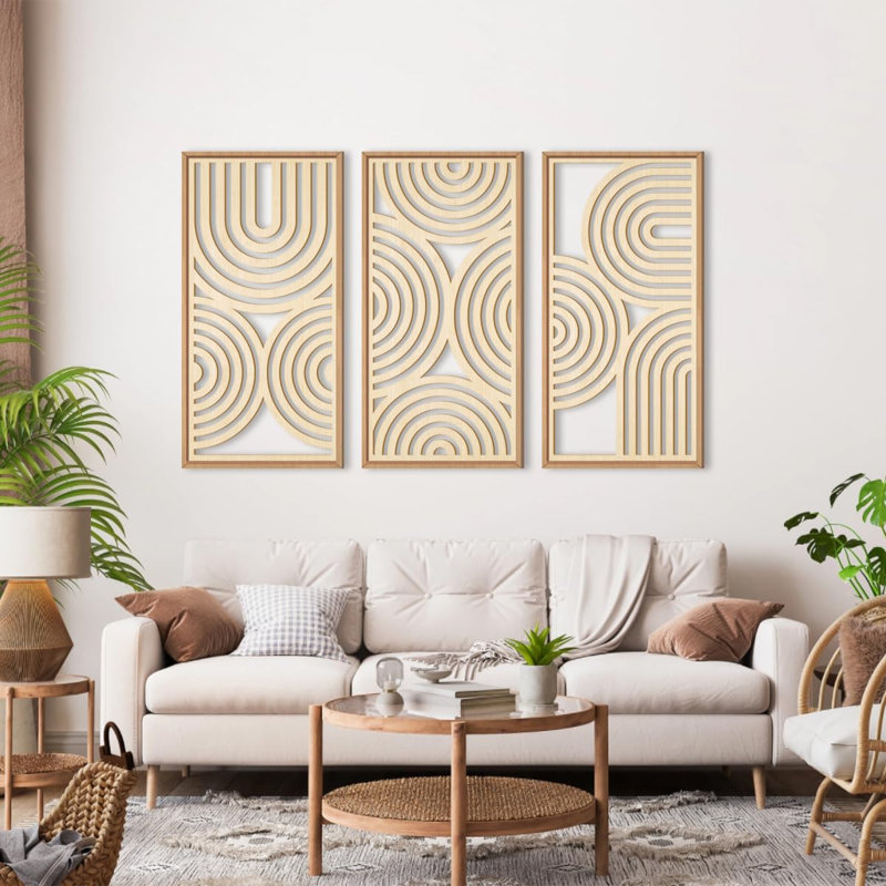 Ensemble d'art mural encadré en bois Mid-Century moderne de 3 cercles concentriques beiges de 16 x 32 po pour le salon, la chambre à coucher et le bureau