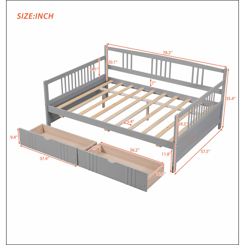 Daybed Wood Bed with Two Drawers, Gray, Full