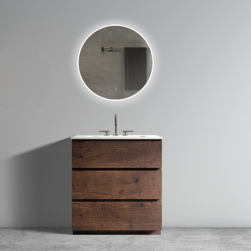Meuble-lavabo autoportant avec lavabo et 3 trous de robinet, Noyer, 30"
