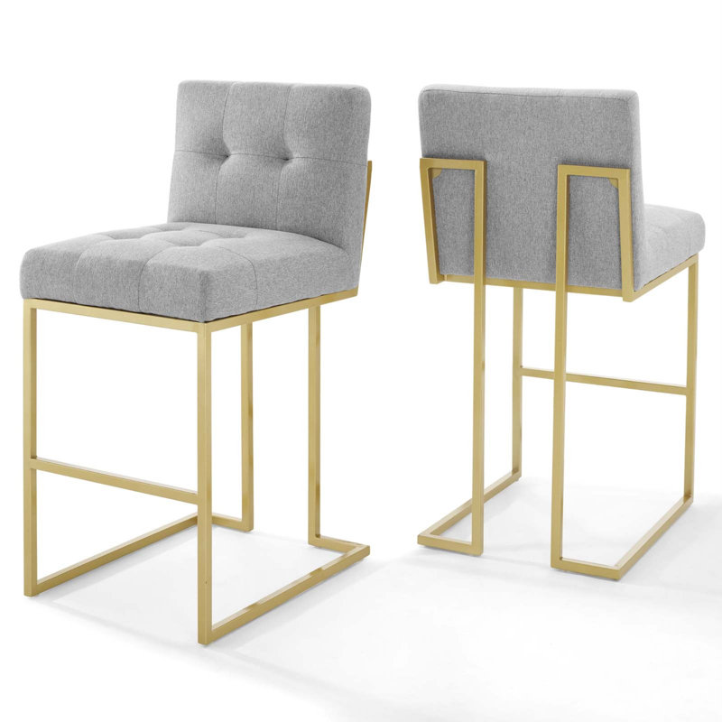 Privy Gold Stainless Steel Performance Velvet Bar Stool, Light Grey Velvet, Bar Stool (27.5" Seat Height)