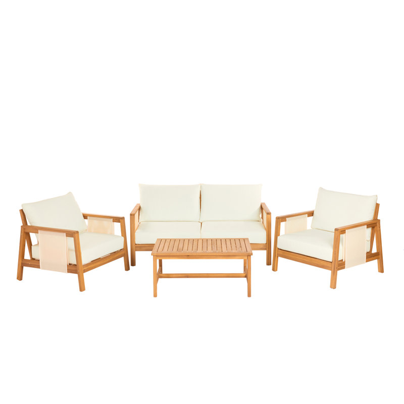 Ensemble de canapé 4 pièces avec causeuse d'extérieur et table basse - Structure en bois d'acacia avec textilène brun, coussins beiges hydrofuges (finition teck) pour patio