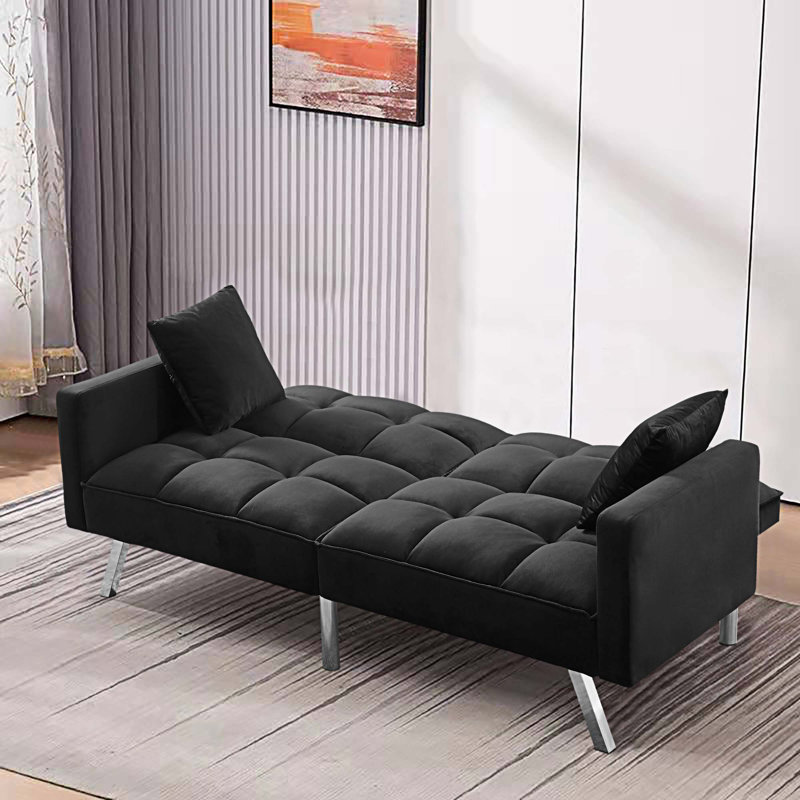 Canapé-lit convertible avec accoudoirs carrés capitonnés Kaari, Velours noir