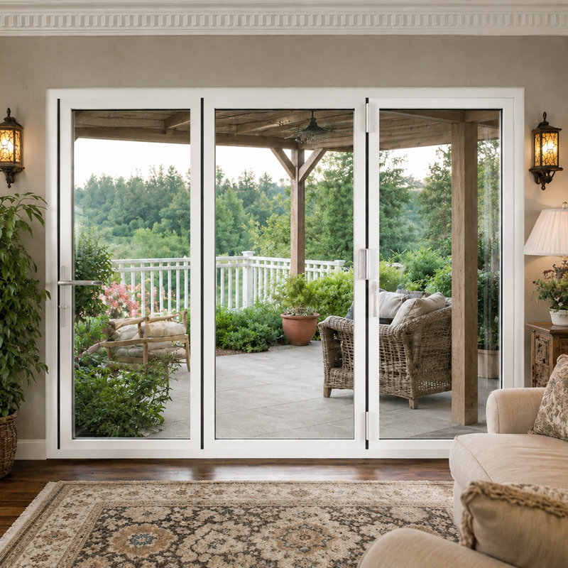 Porte-fenêtre pliante en aluminium blanc, double vitrage trempé, ouverture vers l'extérieur à droite, 108 po L x 80 po H, 3+0