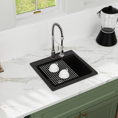 21" L x 20" W Quartz Drop-In Workstation Kitchen Sink, Black Single Bowl Granite Composite Kitchen Sink with Sink Grid, Strainer, Cutting Board and Roll-Up Drying Rack