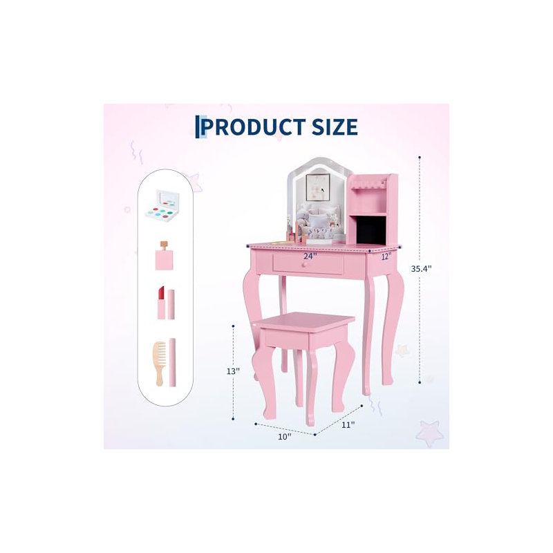 Kids Vanity with Lighted Mirror, Toddler Vanity Table and Chair Set, Girls Makeup Playset, Pink