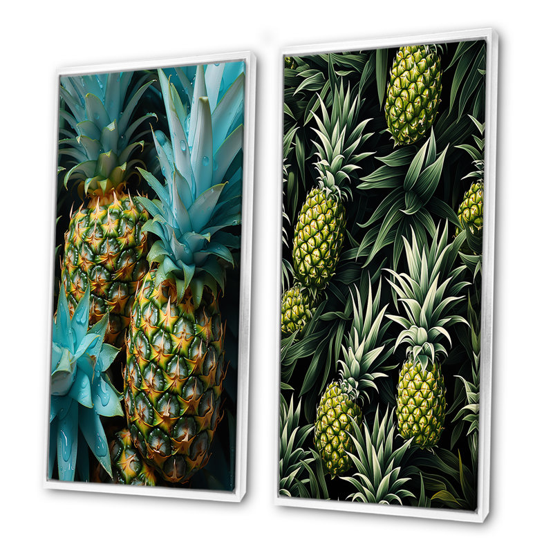«Green and Blue Pineapple Paradise I», ensemble de 2 reproductions d'art mural ananas, Cadre blanc, H 32 po x l 33 po