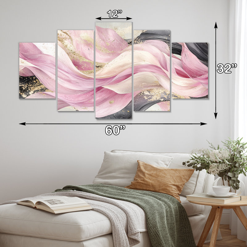 Rose et blanc captivant marbre II - ensemble d'art mural abstrait vagues modernes
