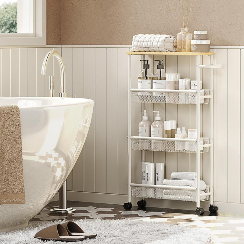 Chariot de rangement mince avec plateau en bois, organisateur utilitaire étroit à 4 niveaux pour la salle de bain, la salle de lavage, le bureau et la cuisine, conception compacte avec roulettes pivotantes à 360 ° et roues verrouillables