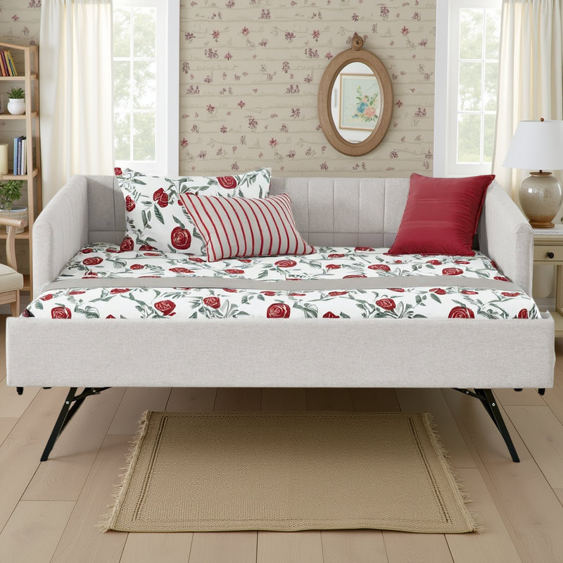 FAlano Twin Upholstered Daybed with Trundle, Vertical Channel Tufting, Linen Fabric Sofa Bed, Beige