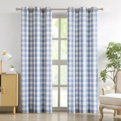 Buffalo Plaid Grommet Curtains 84 Inch Length, Light Filtering Semi-Sheer Check Linen Textured Curtains Drapery For Living Room Bedroom Farmhouse,2 Panels （40" X 84", Dusty Blue & Beige）