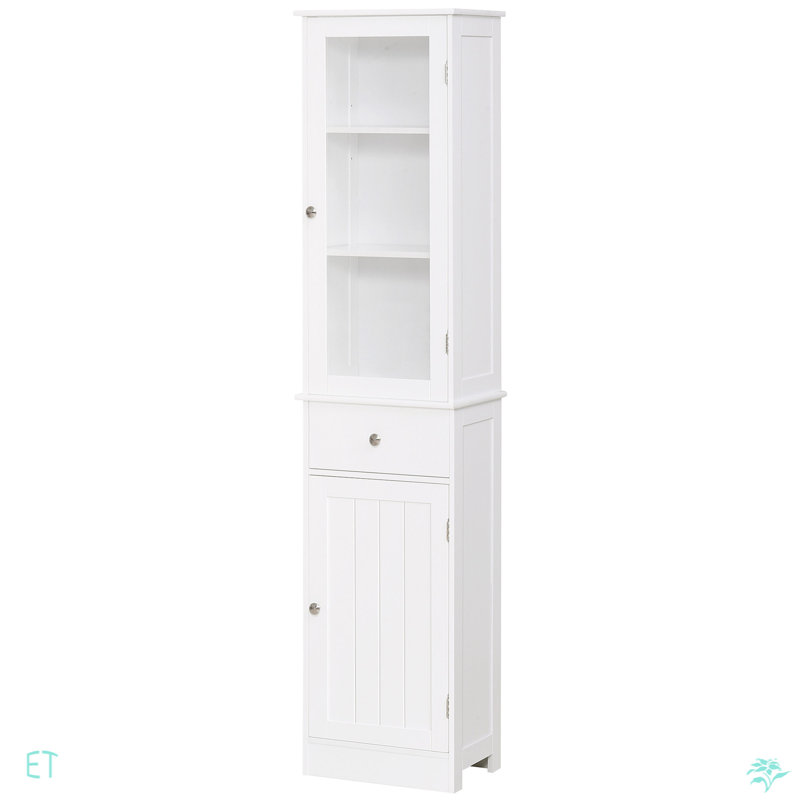 Armoire de rangement pour salle de bain, grande armoire de salle de bain, tour à linge avec porte en acrylique, tiroir et tablettes