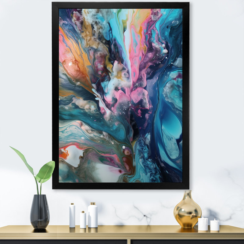 Teal Pink Aqua Symphony - Abstract Wall Decor, Black Single Picture Framed, 40" H x 30" W x 1.5" D