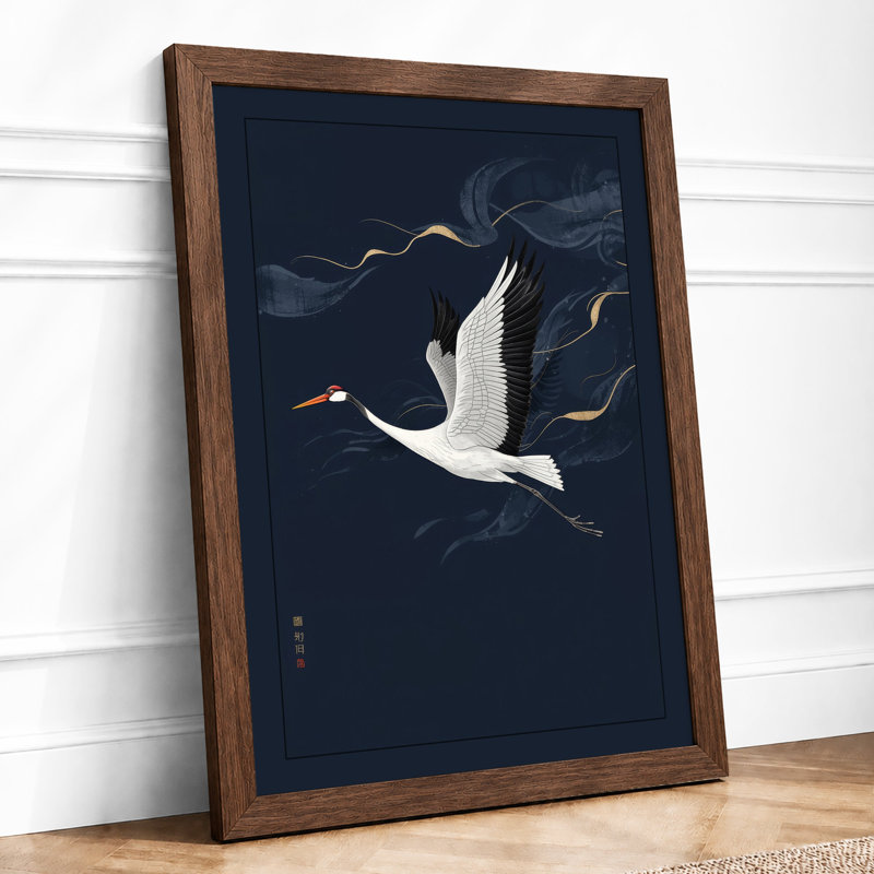Crane in Flight Japandi - Framed Print, A3 - 42.0 x 29.7 cm, Walnut