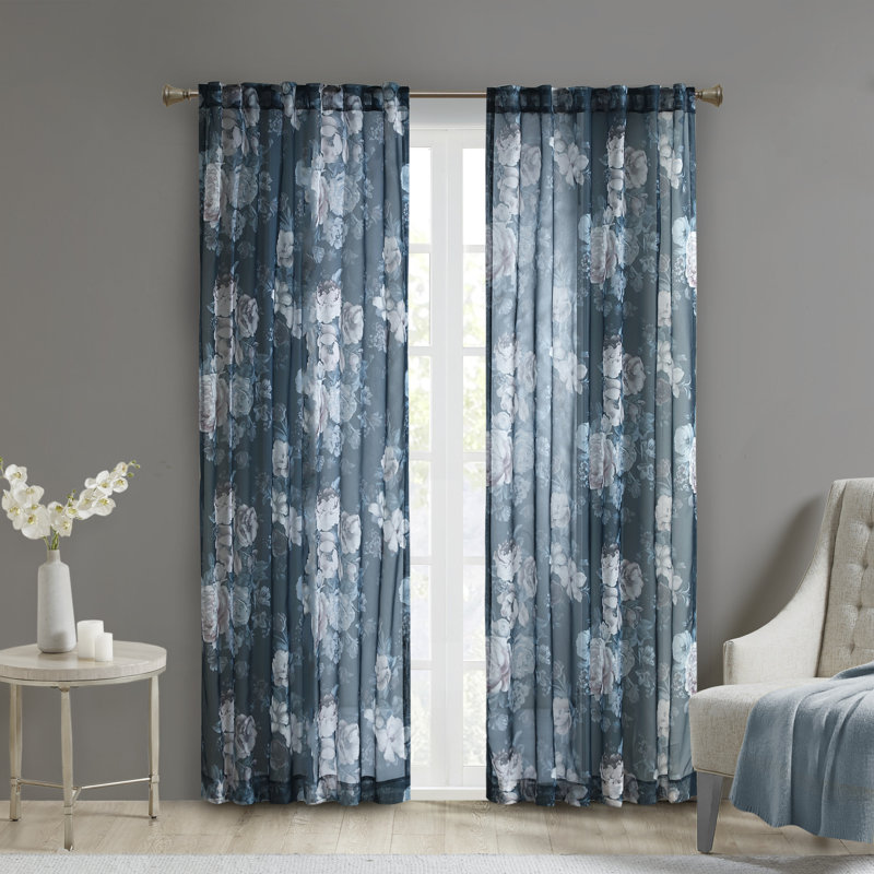 Gray Floral Sheer Rod Pocket and Back Tab Curtain Panel