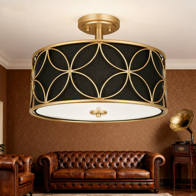 Plafonnier semi-encastré 3 lumières avec abat-jour en tissu, lustre tambour moderne pour la cuisine, le salon, la salle à manger, le couloir et l'entrée