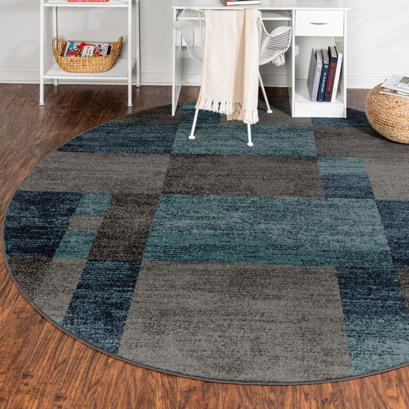 Hareld Geometric Navy/Brown/Gray Area Rug, Round 4'1"