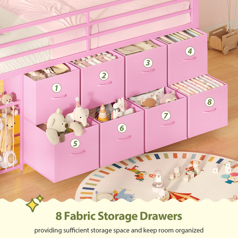 Low Loft Bed Twin Size With 8 Storage Drawers, Twin Loft Bed With Led Lights And  Play Zone, Metal Kids Loft Bed With Under-bed Play Space, No Box Spring Needed