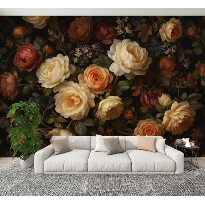 Peel and Stick Wallpaper Vintage Floral Roses Peonies Dark Moody Botanical Style Wall Murals 100"H x 144"W Removable PVC Wall Paper Self-Adhesive Wall Decor for Bedroom Living Room Nursery