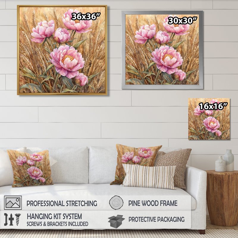 Pivoines dans le champ de blé IV - pivoines, art mural, Impression encadrée flottante sans passe-partout, Brun