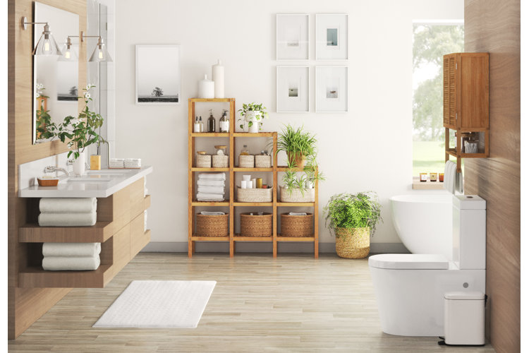 Light Gray Bathroom With Bathrobe Towel Builtin Storage Cabinet With  Mirrored Doors White Washbasin And Toilet Toilet Brush And A Trash Can  Shower With Glass Partition Stock Photo - Download Image Now 