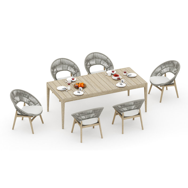 Ensemble de salle à manger 7 pièces en bois de teck vieilli de qualité A: table rectangulaire Amilo de 84 po et 6 chaises Robas # 11Ro3106