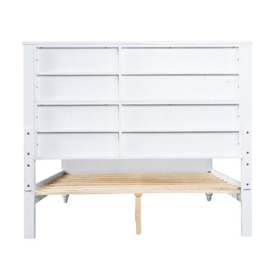 Queen Size Bed Frame, Solid Wood & MDF, No Box Spring Needed, Classic Design with Grooved Panels