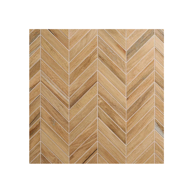 Light brown wood-look ceramic tile featuring a classic herringbone pattern with natural grain variations.