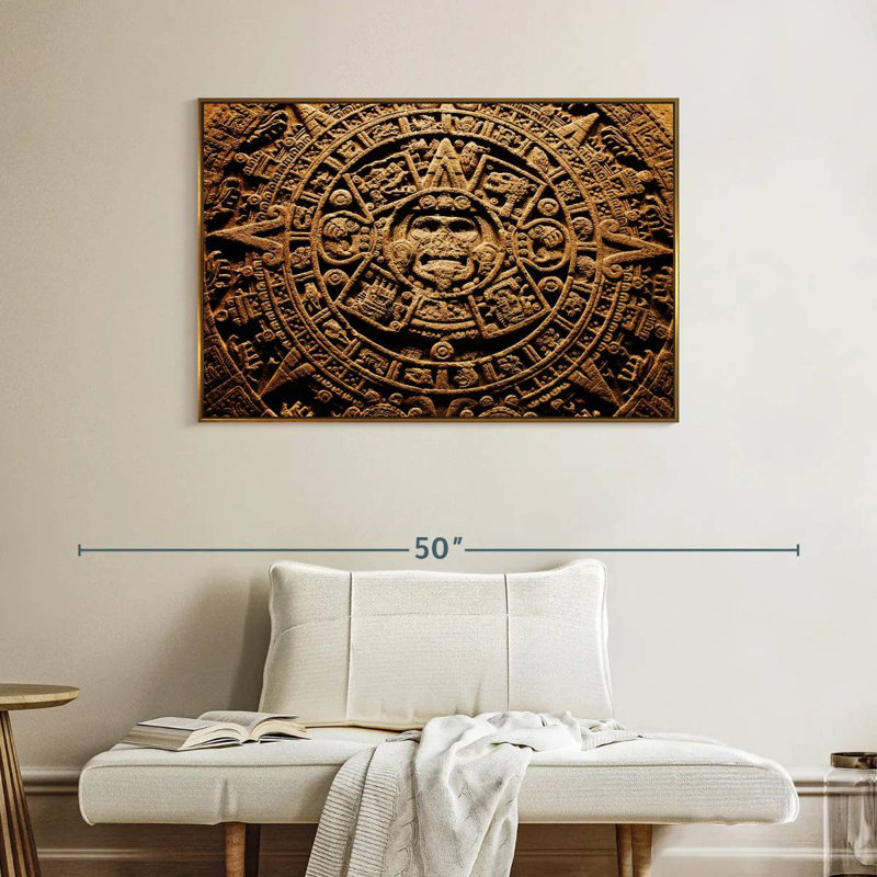 Ancien calendrier aztèque, 40 po x 27 po, Cadre flottant doré