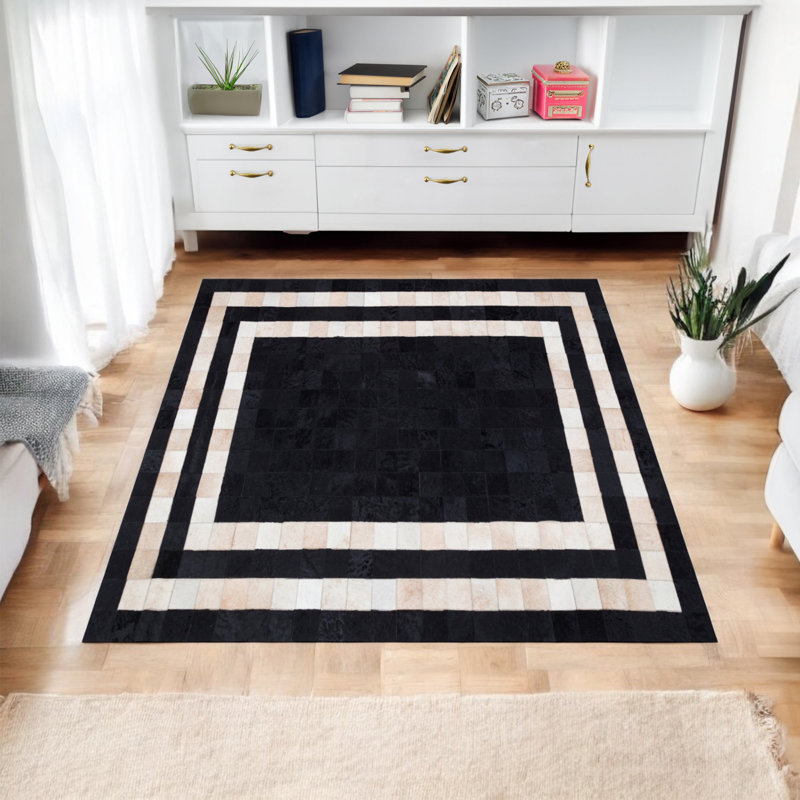 Cowhide Patchwork Rug With Black Frame_8.83 X 12 Ft, Rectangle 8'10" x 12'
